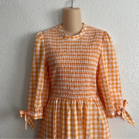 NEW Whistles Gingham Orange Check Shirred Midi Dress Size 6 Smocked - Picture 5 of 10